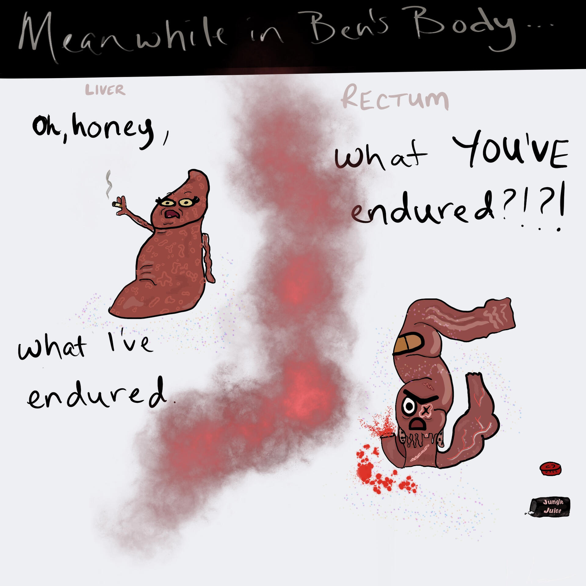 Meanwhile, in Ben’s Body - drawn as a joke for my friend down under, I highlighted the conflict between the trauma two of his organs had endured.
